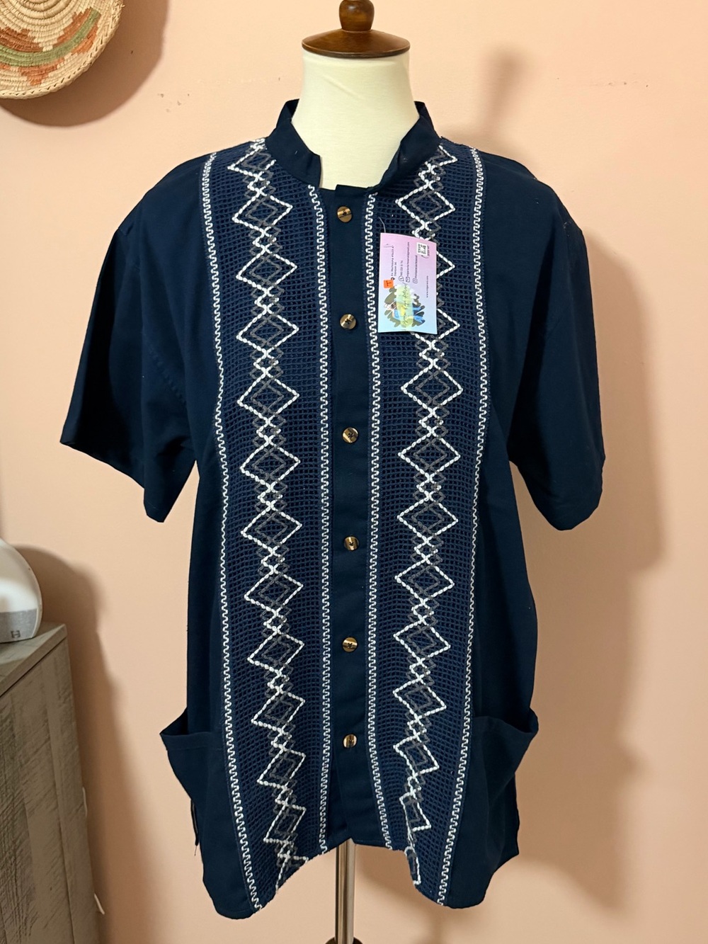 NWT Authentic Cultural Men's Navy Blue Guayabera Shirt Sz L